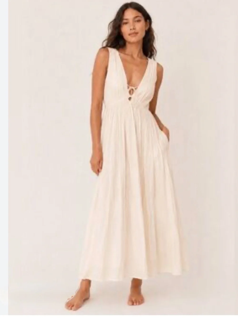 Abercrombie & Fitch Cream Sleeveless Maxi Dress with V-Neck